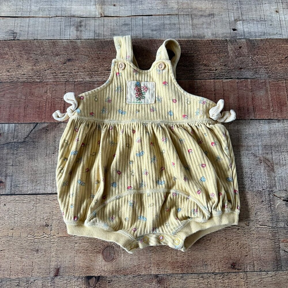 Lullaby Club Vintage Baby Girls Bubble Romper with Flowers and Bugs in Yellow